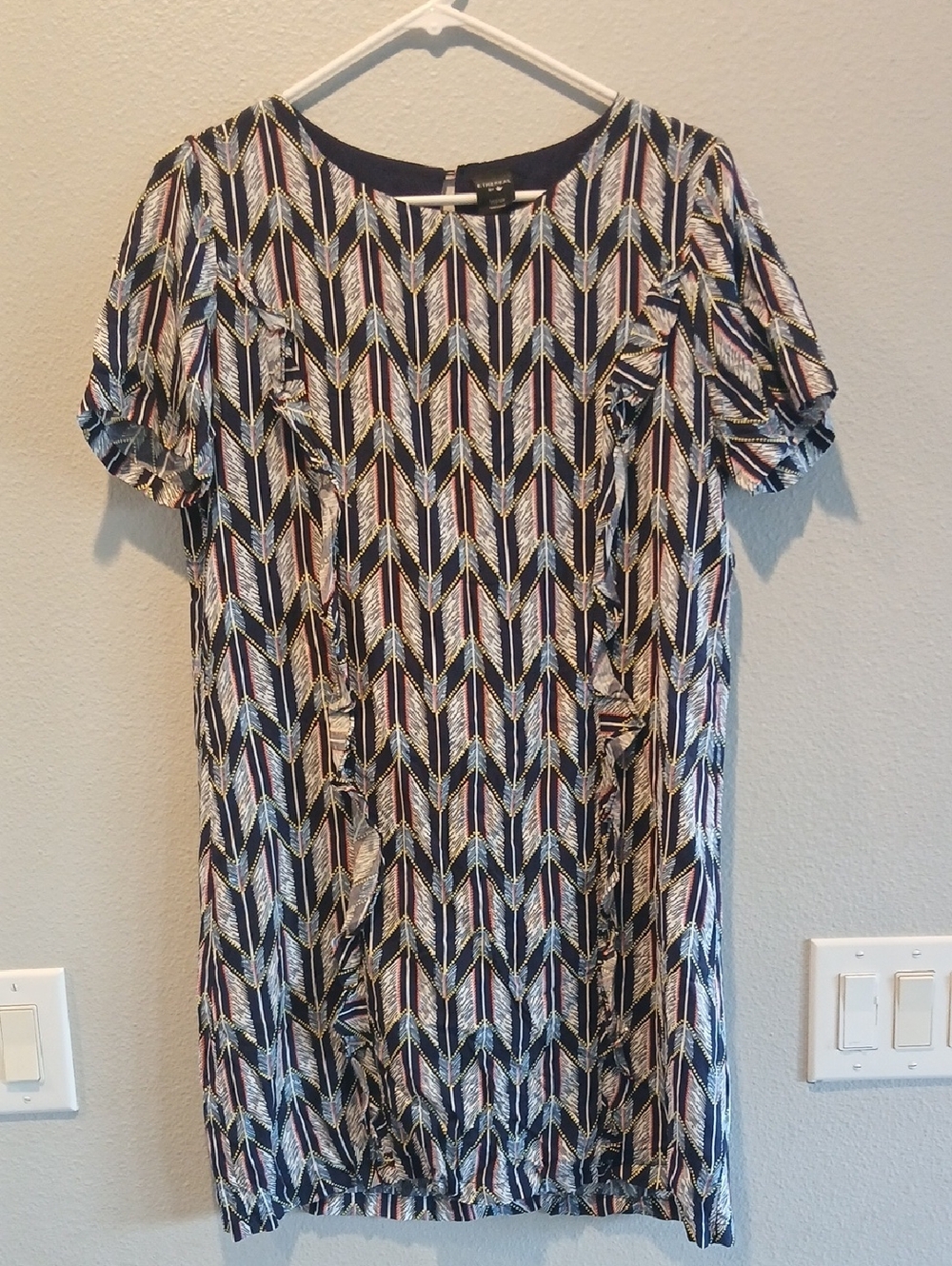 Ethereal Medium Feather Ruffle Chevron Print Short Sleeve Shift Dress